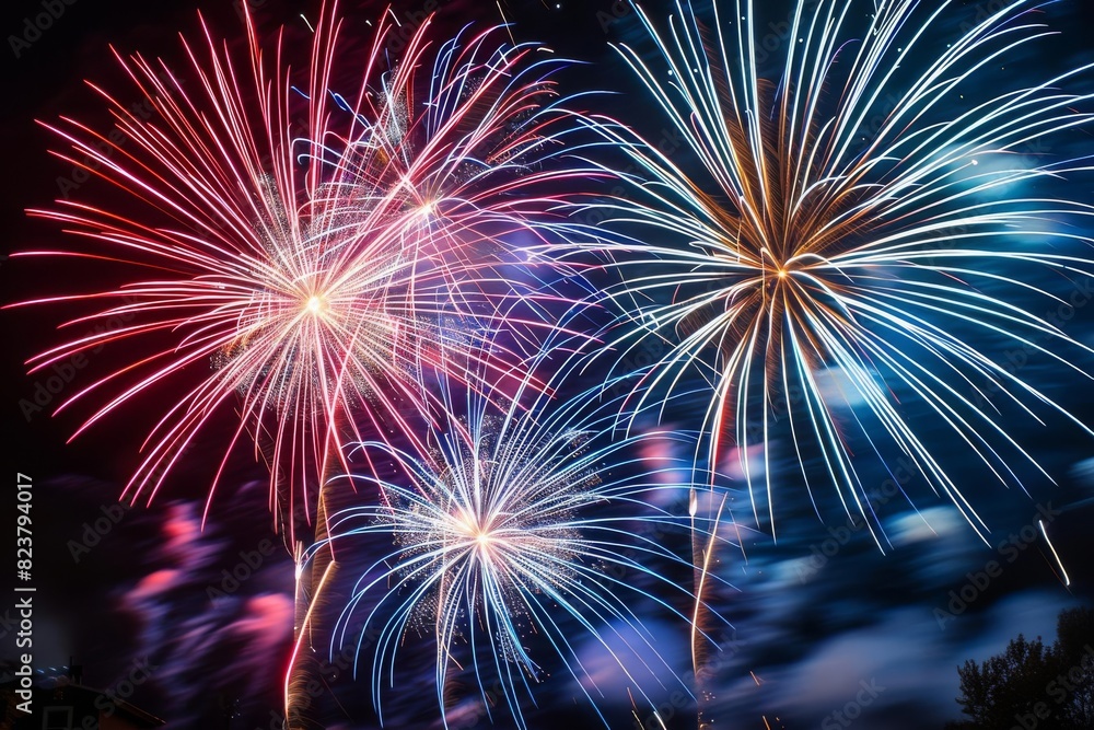 Detailed closeup of a 4th of July fireworks display, capturing the vibrant colors and patterns in the sky Detailed closeup of a 4th of July fireworks display, capturing the vibrant colors and patterns in the sky