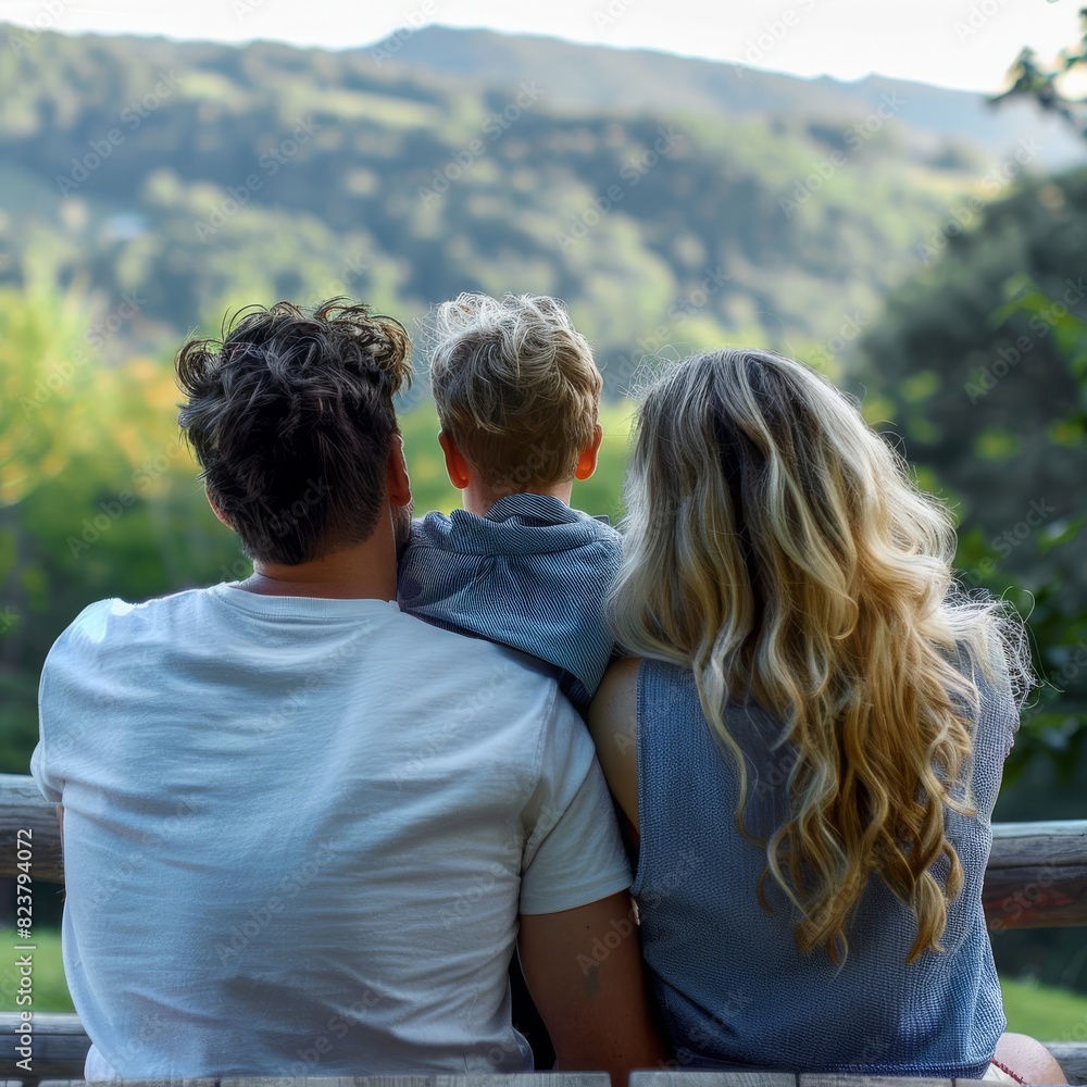 Detailed closeup of a loving family from behind, sitting together and enjoying a beautiful view Detailed closeup of a loving family from behind, sitting together and enjoying a beautiful view