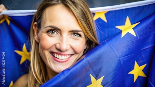 Close-up of a woman holding a European flag with a smile 