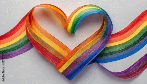 heart made of ribbon on a white background painted in the colors of the lgbt flag, love, queer pride month, background wallpaper