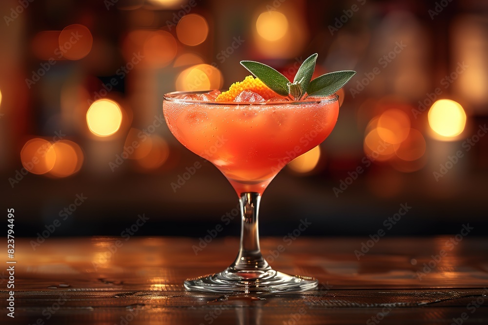 A glass of red liquid with a green leaf on top A glass of red liquid with a green leaf on top
