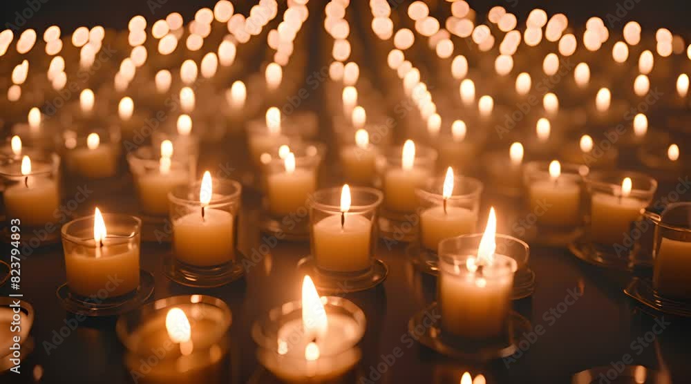 A Serene Passage through Rows of Glowing Candles in a Sacred Space A Serene Passage through Rows of Glowing Candles in a Sacred Space
