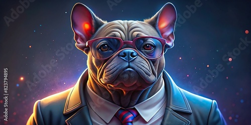 Cool looking French bulldog in fashionable attire posing as a supermodel with a trendy jacket, tie, and glasses  photo