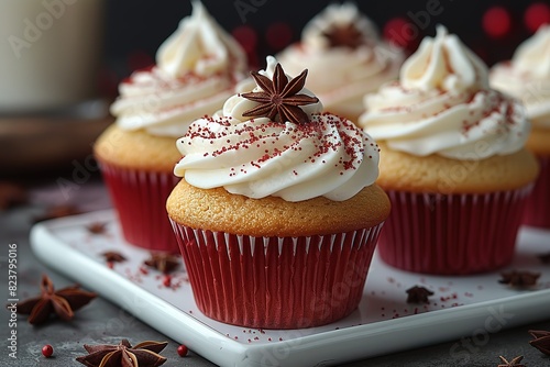 Three cupcakes with red frosting and a star on top photo