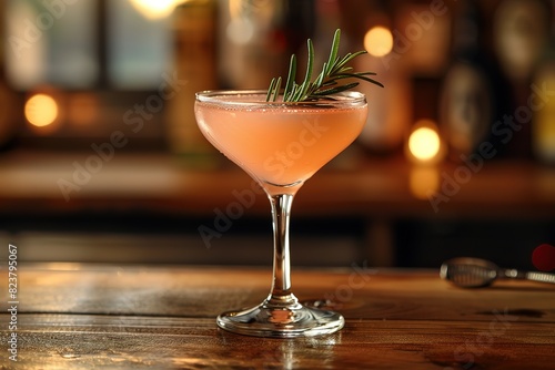 A glass of pink liquid with a sprig of rosemary on top