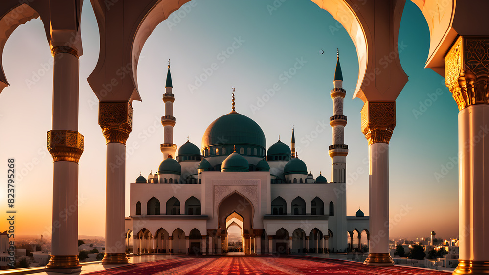 Obraz premium Sunset islamic mosque view, Generative AI