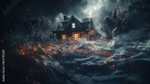 A house figure drowning in water, natural disasters and floods concept background  photo
