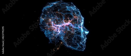 Sapphire color digital hologram futuristic face neuron link on a neuron connection, Artificial intelligence concept, isolated on black background