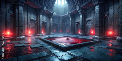 Desolate concrete chamber filled with pools of blood  photo