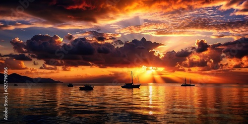 Dramatic sun setting below the horizon with silhouettes of boats