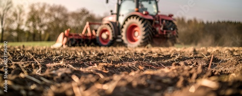 Focused closeup of a tractor plowing a field, preparing the land for planting in an agricultural setting photo