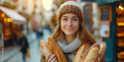 A woman holding a baguette on the streets of a quiet town photo