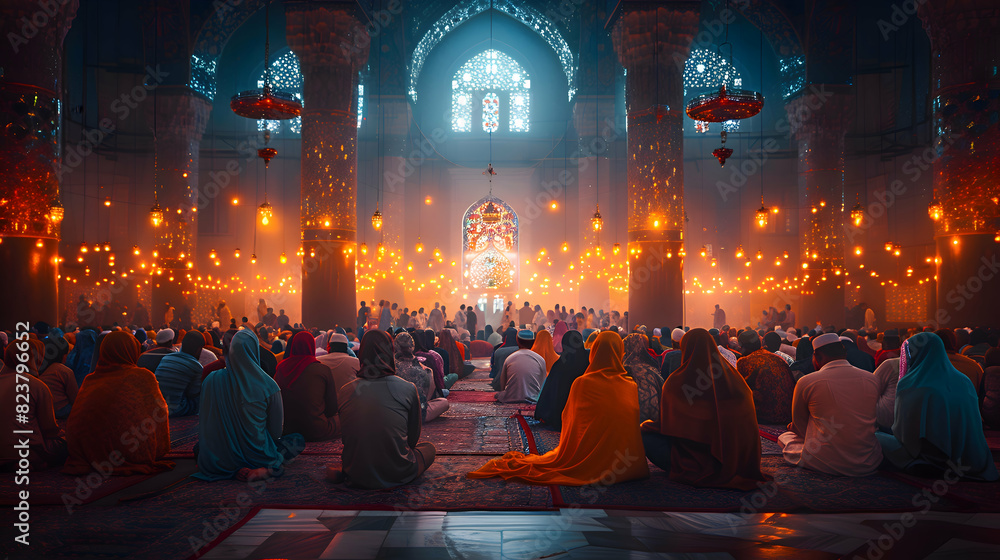 A serene Eid-al-Adha celebration scene with people gathering in front of a backdrop of intricate Islamic patterns, illuminated by soft lights