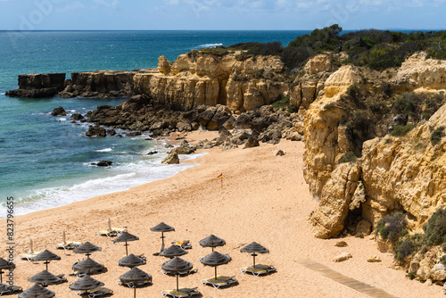 Beautiful sea view of Praia do Castelo beach in Albufeira, Algarve region, Portugal