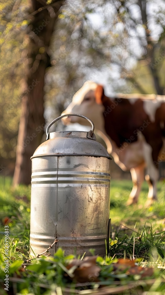 Obraz premium Realistic closeup of a traditional milk can, with a content cow grazing in the background