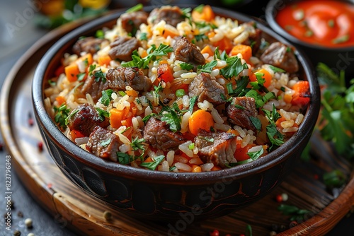 A bowl of rice with meat and vegetables