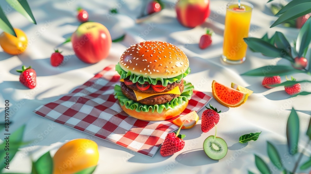 Obraz premium 3D Picnic tablecloth with burger