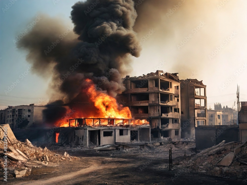 Burning ruins of destroyed houses in city from bombs or missile attacks Burning ruins of destroyed houses in city from bombs or missile attacks
