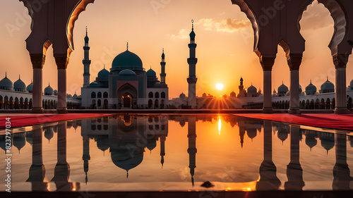 Sunset islamic mosque view  Generative AI