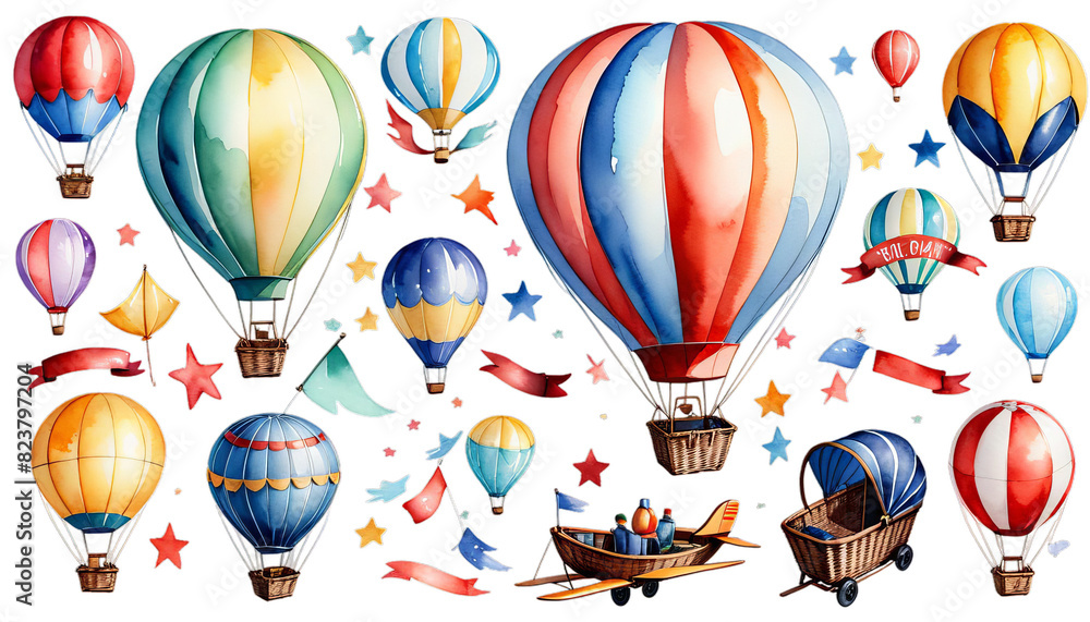 painted pennants logo balloons icon illustration old design children style vintage set hand watercolor hot basket transport air cartoon balloon blue pennant baby aircraft painting fabric greeting