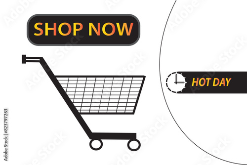 Shop now button with shopping design cart. Shop now. Modern collection for web site. Online shopping. Click here, colorful, buttons hand pointer clicking. Web design elements. Vector and illustration.