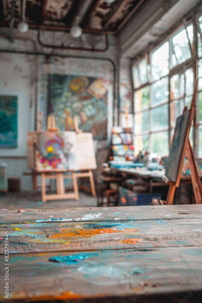 A wooden table in the foreground with a blurred background of an art studio. The background includes easels with canvases, paintbrushes, palettes, colorful paintings on the walls, and shelves A wooden table in the foreground with a blurred background of an art studio. The background includes easels with canvases, paintbrushes, palettes, colorful paintings on the walls, and shelves