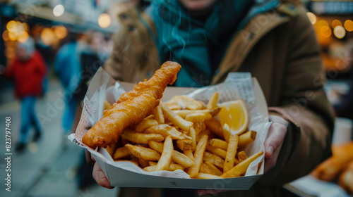 A close up of a person eating fish and chip at a marketplace in winter time in europe.