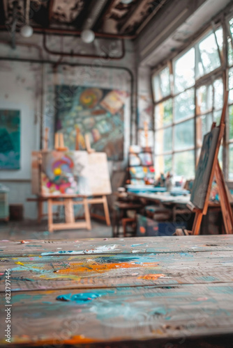 A wooden table in the foreground with a blurred background of an art studio. The background includes easels with canvases, paintbrushes, palettes, colorful paintings on the walls, and shelves © grey