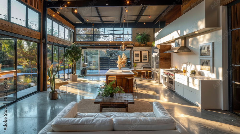 A large open living room with a white couch and a coffee table A large open living room with a white couch and a coffee table