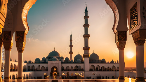 Sunset islamic mosque view, Generative AI photo