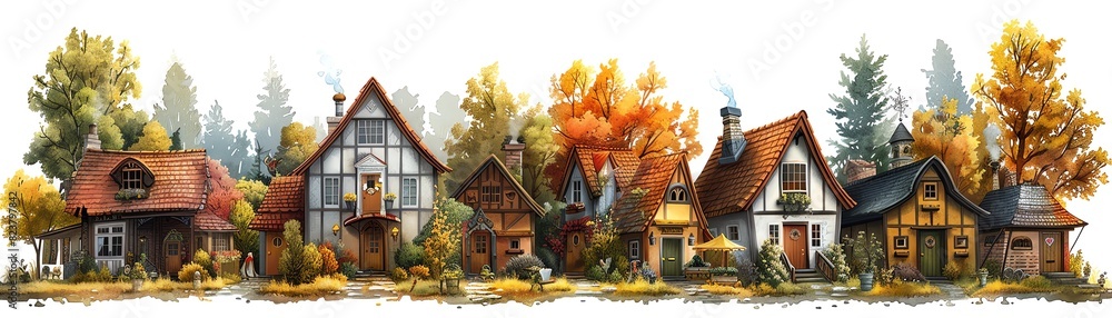 A row of quaint cottages nestled in an idyllic autumn setting