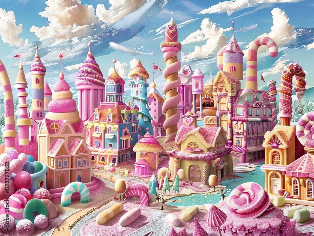 Create a whimsical illustration of a candy land Create a whimsical illustration of a candy land