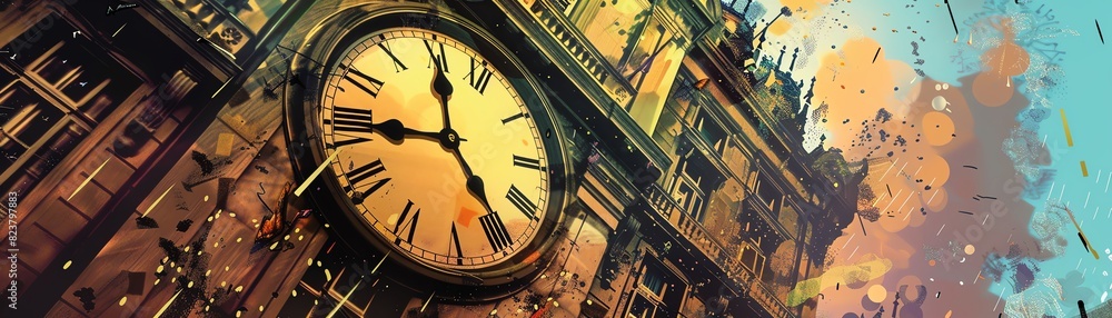 A beautiful painting of a clock tower with a large clock face A beautiful painting of a clock tower with a large clock face