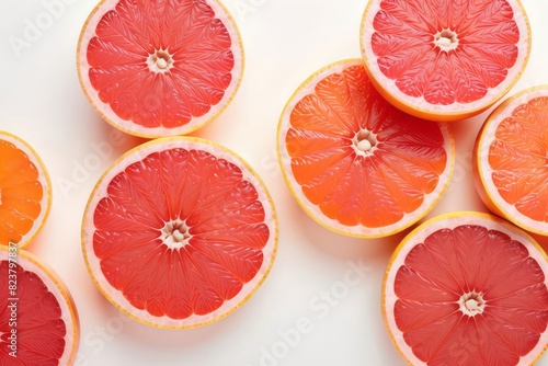 Slices of fresh juicy grapefruit on white background. Citrus fruits cut banner with copy space . Summer freshness, poster design. Flat lay, top view 