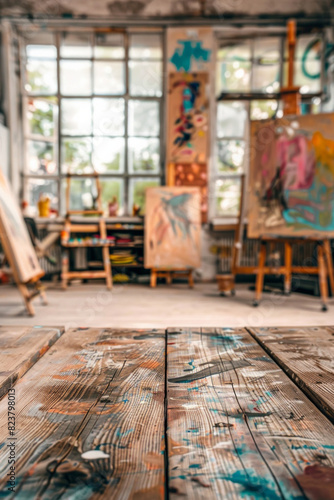 A wooden table in the foreground with a blurred background of an art studio. The background includes easels with canvases, paintbrushes, palettes, colorful paintings on the walls, and shelves © grey