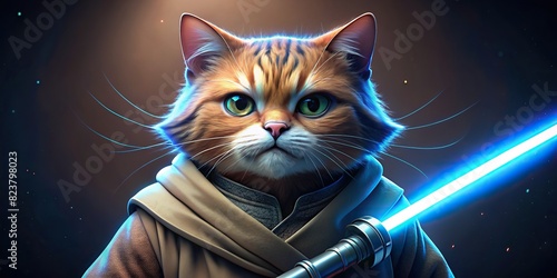 Furry cat in Jedi costume wielding a light saber against a dark background photo