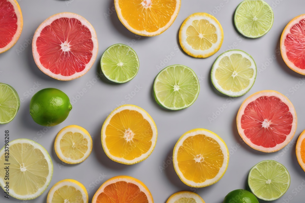 Fresh juicy lemon, orange, lime, grapefruit slices on grey background. Flat lay, top view. Citrus fruits cut on a table. Summer freshness, poster design. 
