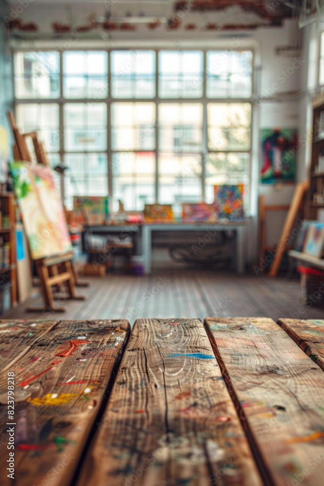 A wooden table in the foreground with a blurred background of an art studio. The background includes easels with canvases, paintbrushes, palettes, colorful paintings on the walls, and shelves A wooden table in the foreground with a blurred background of an art studio. The background includes easels with canvases, paintbrushes, palettes, colorful paintings on the walls, and shelves