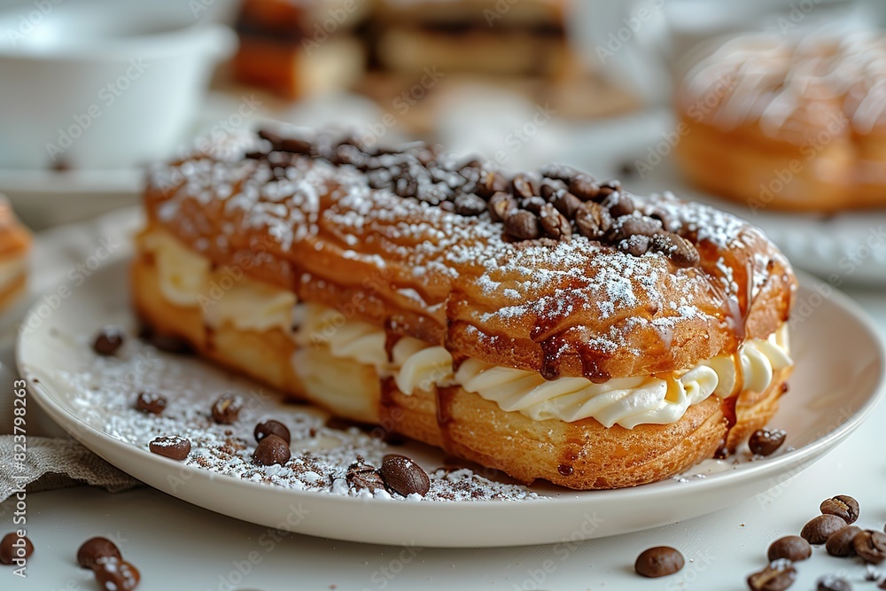 A chocolate covered donut with powdered sugar on top