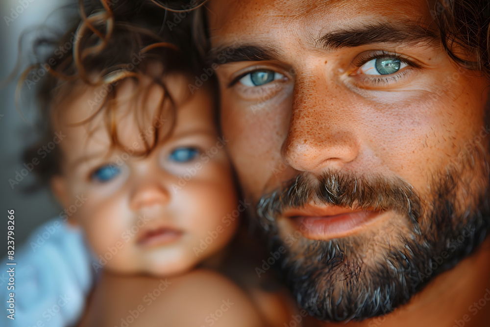 Happy smiling man father plays with daughter or son child. Caring father hugs his baby tenderly. Father's Day or Children's Day concept Happy smiling man father plays with daughter or son child. Caring father hugs his baby tenderly. Father's Day or Children's Day concept