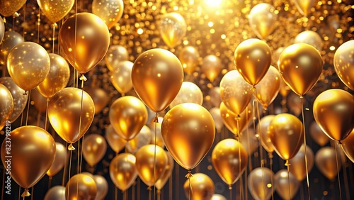 Golden balloons floating in the air at a glamorous party celebration 