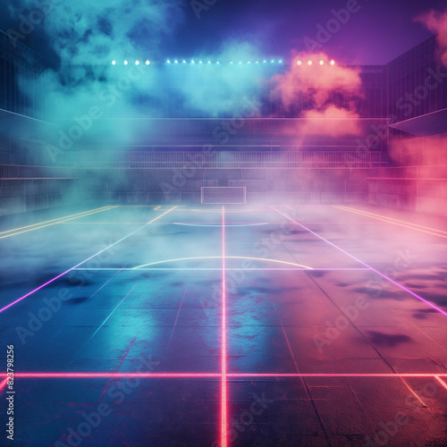 beautiful sports stadium with a green grass field shines with blue spotlights at night with stars. Sports tournament, world championship