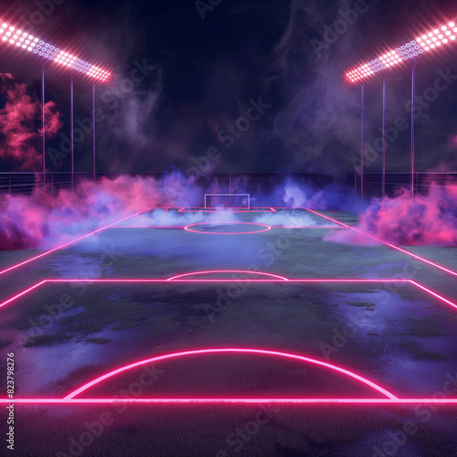 beautiful sports stadium with a green grass field shines with blue spotlights at night with stars. Sports tournament, world championship