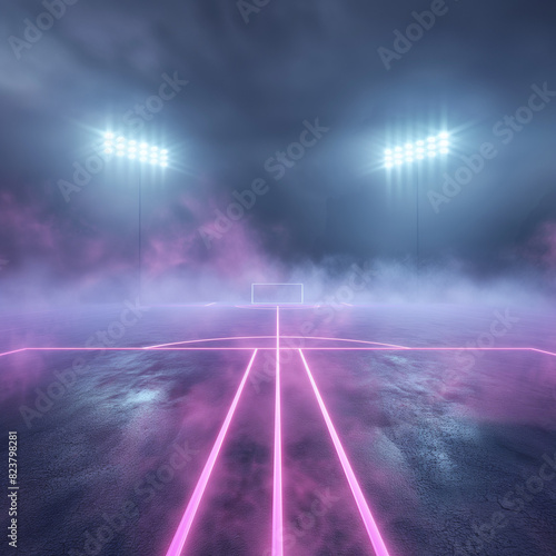 beautiful sports stadium with a green grass field shines with blue spotlights at night with stars. Sports tournament, world championship