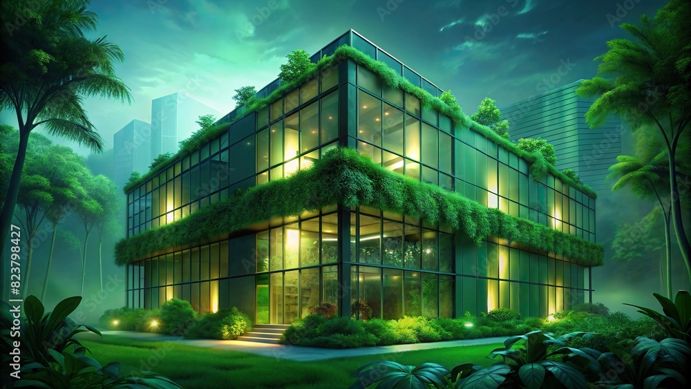 Green office building with eco-friendly design and lush vegetation