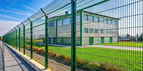 Grating wire industrial fence and PVC metal fence panel on background