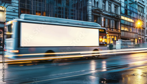 A white bus with a large white sign on the side of it by AI generated image photo