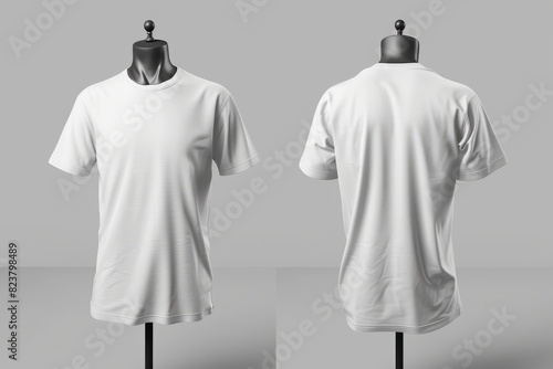  Front and back view of a white T-shirt mockup displayed on a black mannequin against a gray background.