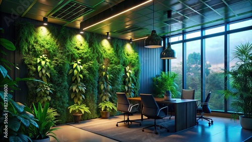 Green living wall with perennial plants in modern office