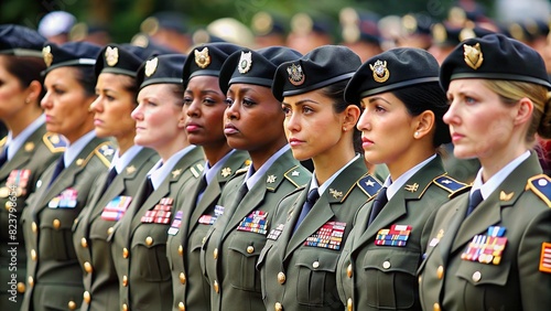 Group of diverse women in military uniforms with US flag patches on arm, standing at an army ceremony 